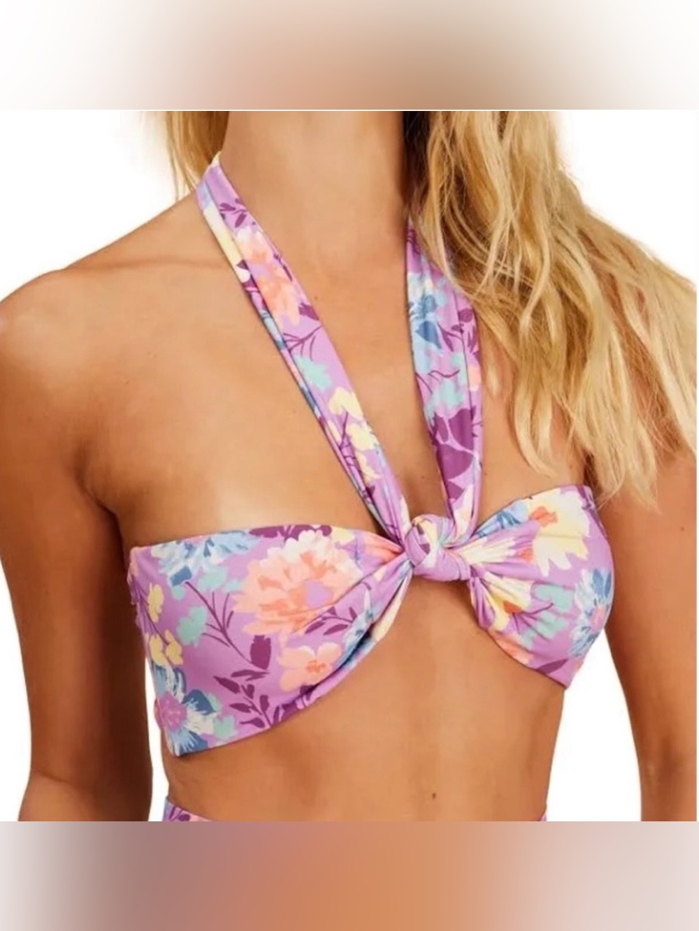 Billabong Hailey’s Garden Purple Floral Wrap Halter Bikini Top Sz M
